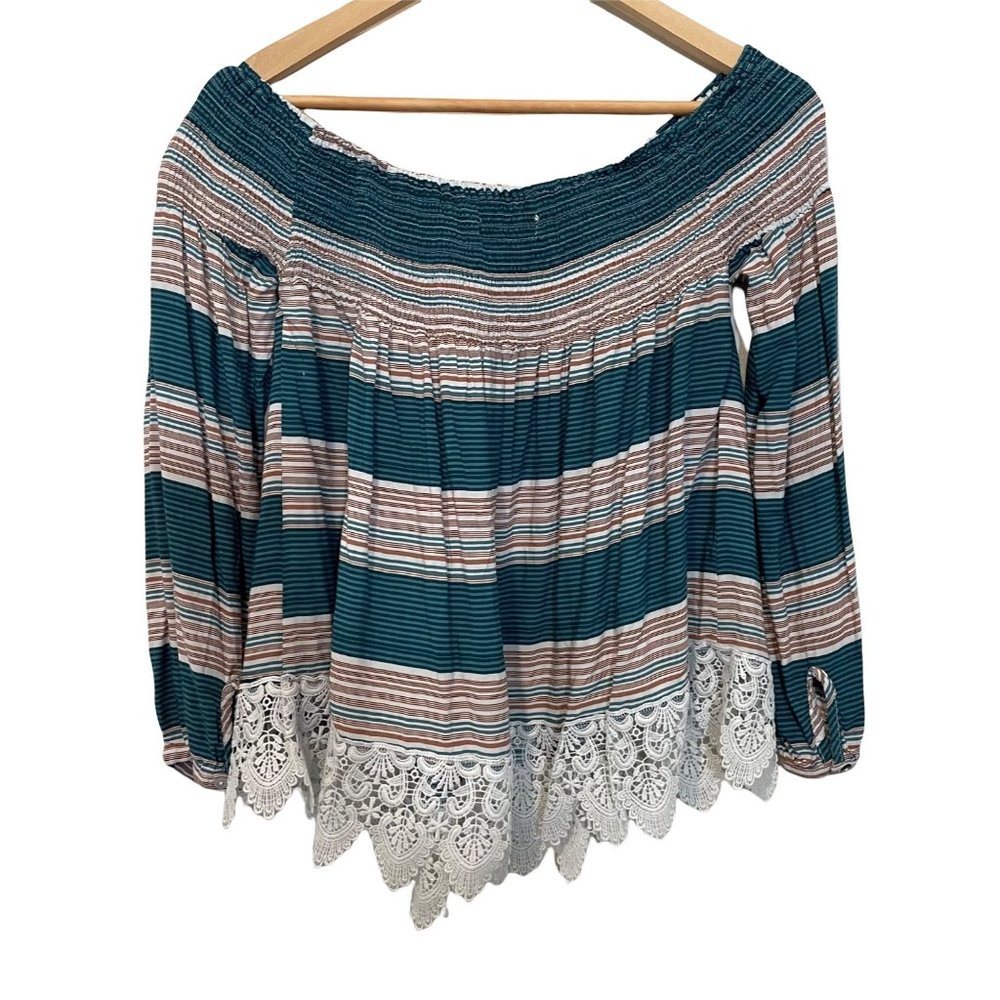 Listicle Shirt Womens Large Boho Smocked Off Shoulders Top Stripe Blouse Peasant